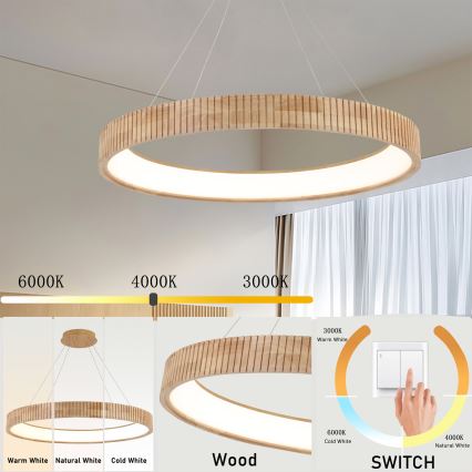 Brilagi - Lustru suspendat pe cablu FALCON WOOD MODERN, LED 60W, 230V, 3000/4000/6000K, Ø 80 cm, lemn