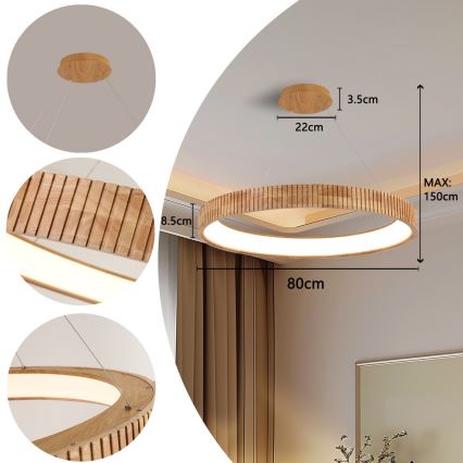 Brilagi - Lustru suspendat pe cablu FALCON WOOD MODERN, LED 60W, 230V, 3000/4000/6000K, Ø 80 cm, lemn