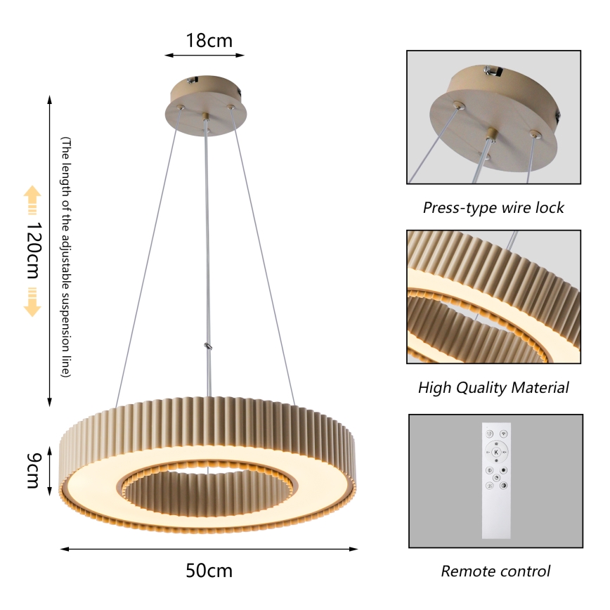 Brilagi - Lustră LED dimmabilă suspendată pe cablu LUMIX LED/48W/230V 3000-6000K bej, Ø 50 cm + telecomandă