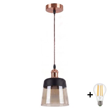 Brilagi - Lustră LED pe cablu RETRO GLASS 1xE27/60W/230V Ø 15,5 cm cupru/bej fumuriu/negru