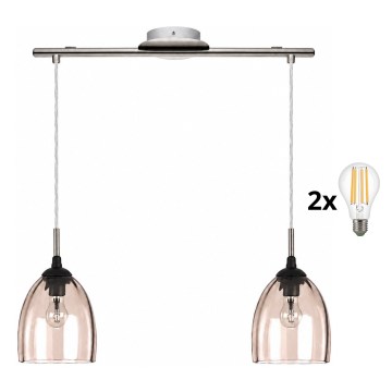 BRILAGI - Lustră LED pe cablu RETRO GLASS 2xE27/60W/230V crom mat/bej fumuriu