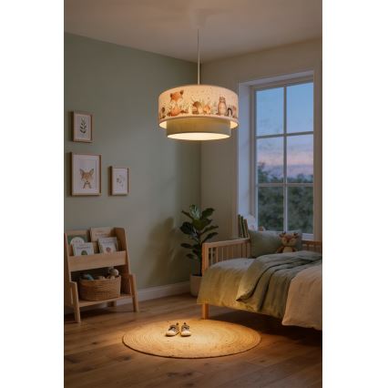 Brilagi - Lustră LED pentru copii BOBO, suspendată pe cablu, 1xE27/10W/230V, Ø 40 cm, alb/verde, imprimeu cu animale