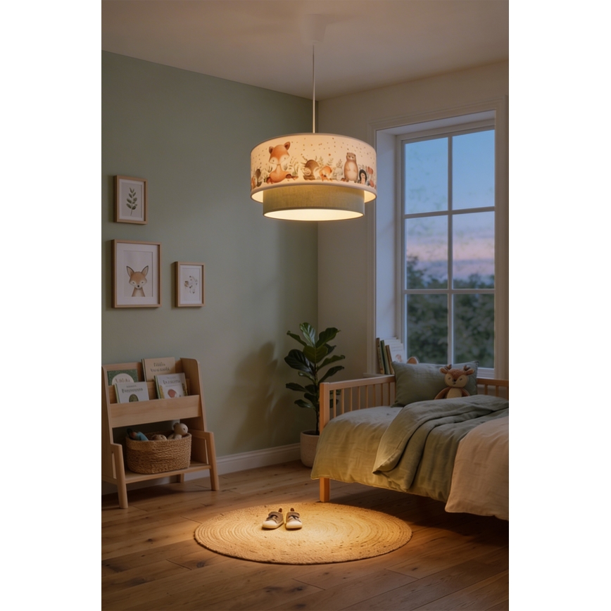 Brilagi - Lustră LED pentru copii BOBO, suspendată pe cablu, 1xE27/10W/230V, Ø 40 cm, alb/verde, imprimeu cu animale