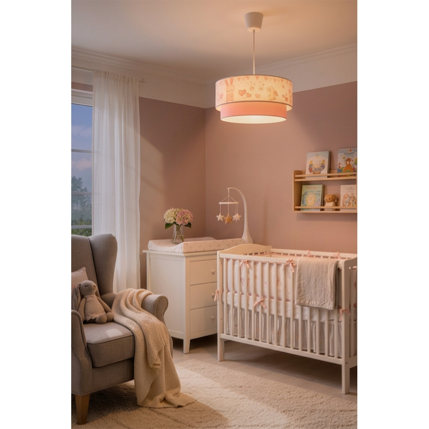 Brilagi - Lustru LED pentru copii BOBO cu cablu, 1xE27/60W/230V, Ø 40 cm, crem/roz/cu iepurași