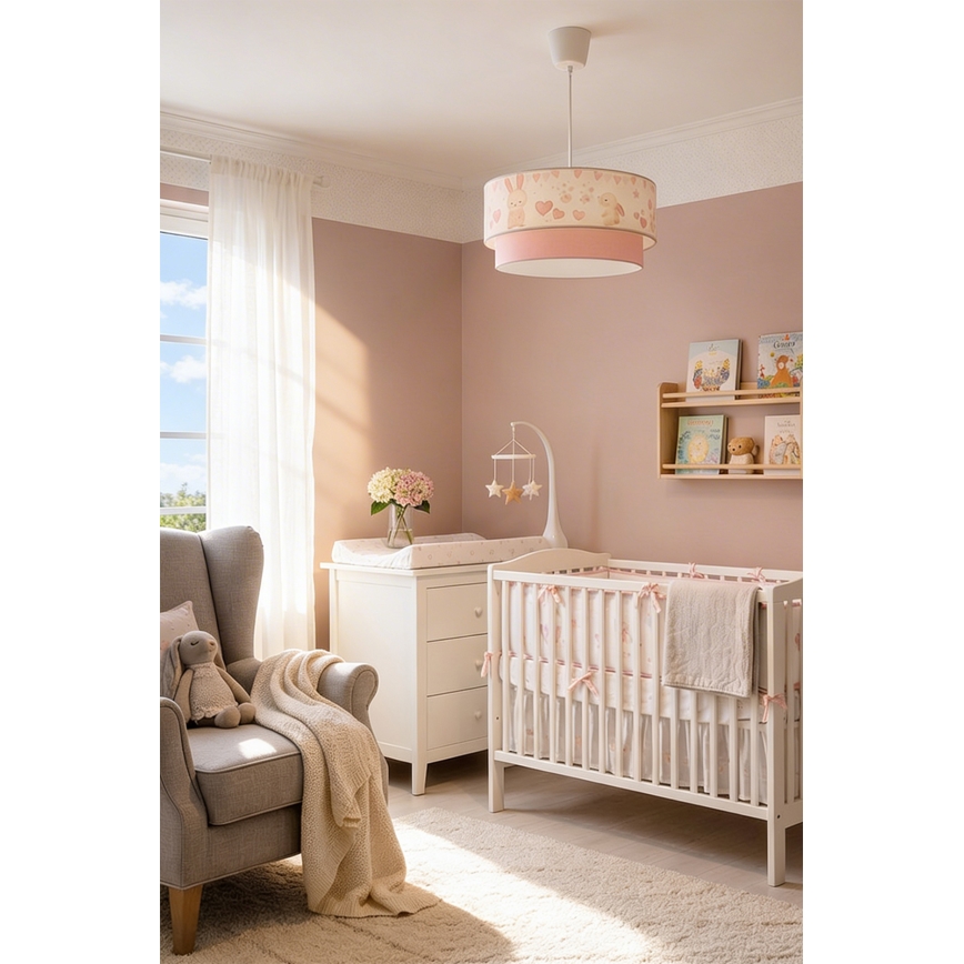 Brilagi - Lustru LED pentru copii BOBO cu cablu, 1xE27/60W/230V, Ø 40 cm, crem/roz/cu iepurași