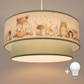 Brilagi - Lustră LED pentru copii BOBO, suspendată pe cablu, 1xE27/10W/230V, Ø 40 cm, alb/verde, imprimeu cu animale