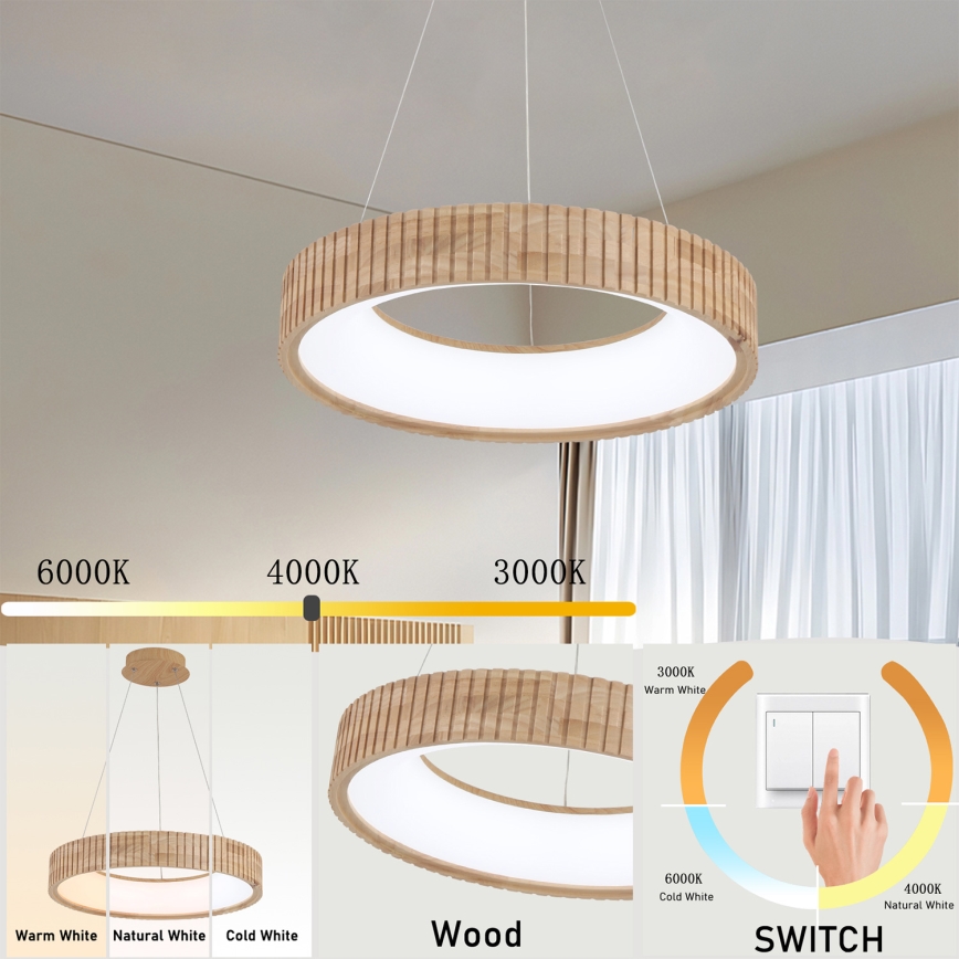 Brilagi - Lustră LED suspendată pe cablu FALCON WOOD MODERN, LED/30W/230V, 3000/4000/6000K, diametru 45 cm, lemn