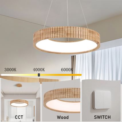 Brilagi - Lustră LED suspendată pe cablu FALCON WOOD MODERN, LED/30W/230V, 3000/4000/6000K, diametru 45 cm, lemn