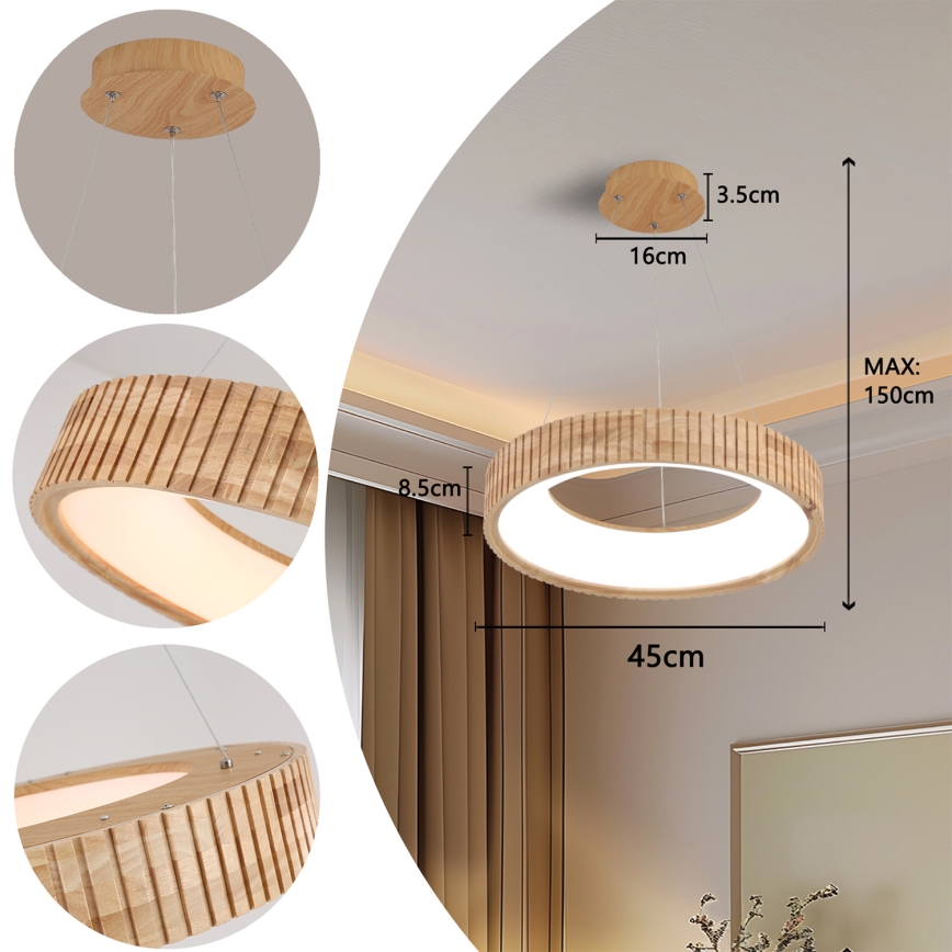 Brilagi - Lustră LED suspendată pe cablu FALCON WOOD MODERN, LED/30W/230V, 3000/4000/6000K, diametru 45 cm, lemn