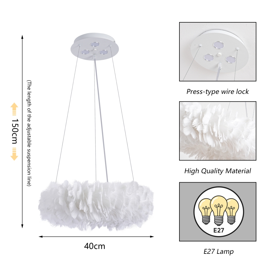 Brilagi - Lustră LED suspendată pe cablu FEATHER, 3x E27/40W/230V + 3x LED/3W, Ø 40 cm, albă