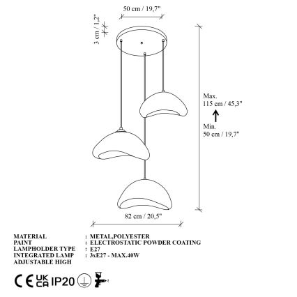 Brilagi - Lustra pe cablu LUNA 3xE27/40W/230V diam. 82 cm albă