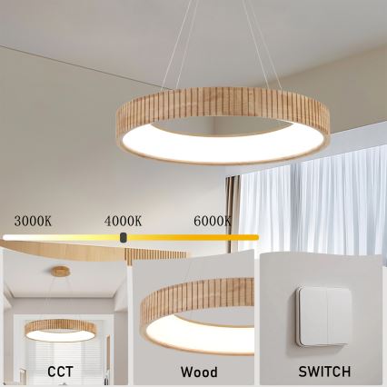 Brilagi - Lustru LED suspendat pe cablu FALCON WOOD MODERN, 40 W, 230 V, 3000/4000/6000 K, Ø 60 cm, lemn
