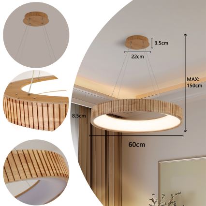 Brilagi - Lustru LED suspendat pe cablu FALCON WOOD MODERN, 40 W, 230 V, 3000/4000/6000 K, Ø 60 cm, lemn