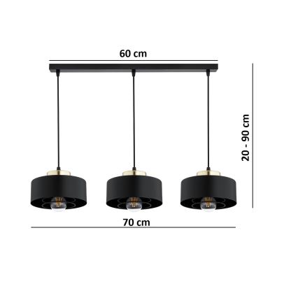 Brilagi - Lustră suspendată pe cablu 3xE27/60W/230V negru/auriu