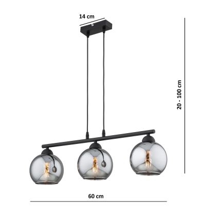 Brilagi - Lustră suspendată pe cablu DIOR 3xE27/60W/230V negru/gri fumuriu