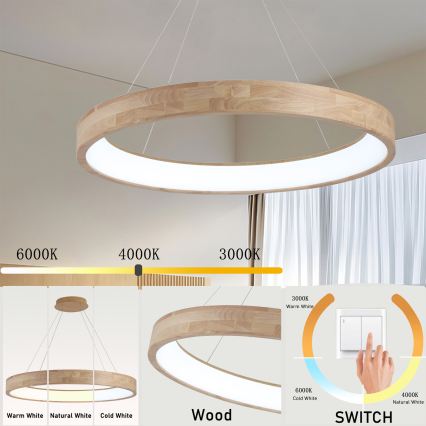 Brilagi - Lustră LED suspendată pe cablu FALCON WOOD, 60W, 230V, 3000/4000/6000K, Ø 80 cm, lemn