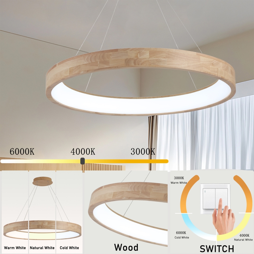 Brilagi - Lustră LED suspendată pe cablu FALCON WOOD, 60W, 230V, 3000/4000/6000K, Ø 80 cm, lemn