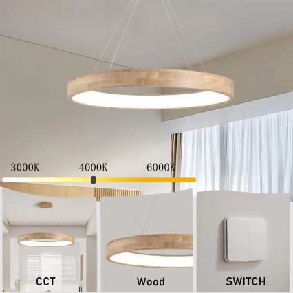 Brilagi - Lustră LED suspendată pe cablu FALCON WOOD, 60W, 230V, 3000/4000/6000K, Ø 80 cm, lemn