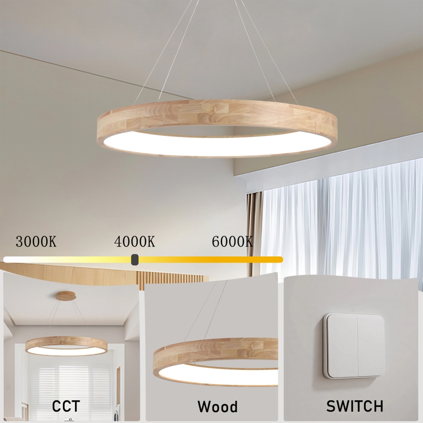 Brilagi - Lustră LED suspendată pe cablu FALCON WOOD, 60W, 230V, 3000/4000/6000K, Ø 80 cm, lemn