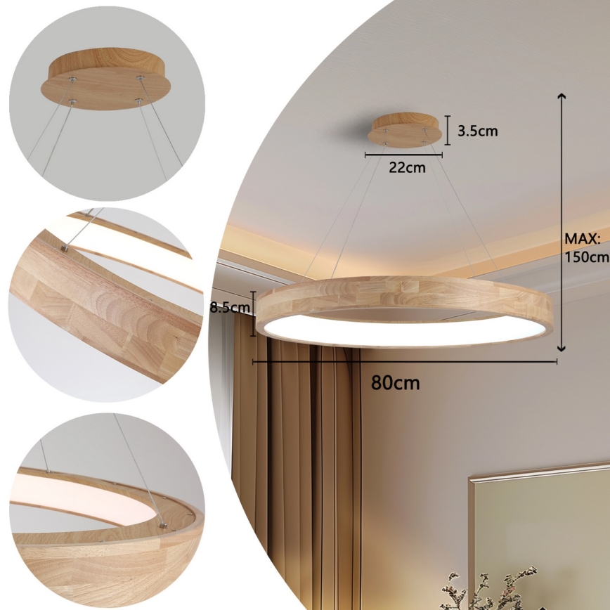 Brilagi - Lustră LED suspendată pe cablu FALCON WOOD, 60W, 230V, 3000/4000/6000K, Ø 80 cm, lemn