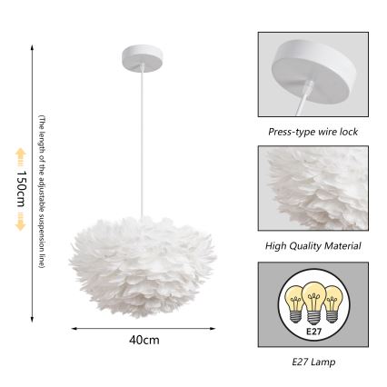 Brilagi - Lustră suspendată pe cablu FEATHER 3xE27/40W/230V Ø 40 cm albă