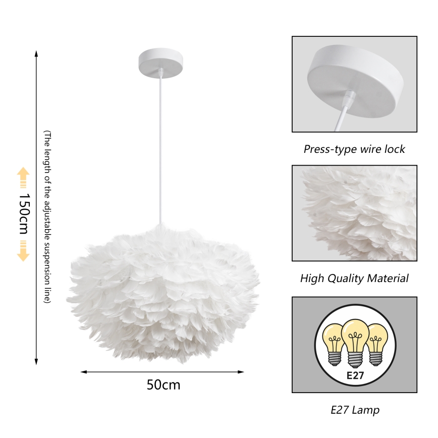 Brilagi - Lustră suspendată pe cablu FEATHER 3xE27/40W/230V Ø 50 cm albă