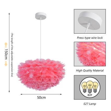 Brilagi - Lustră suspendată pe cablu FEATHER 3xE27/40W/230V, Ø 50 cm, roz