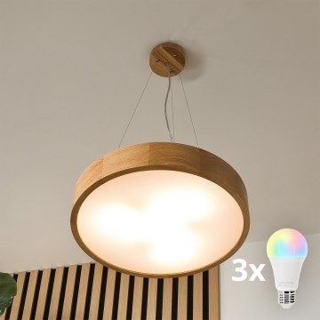 Brilagi - Lustră suspendată pe cablu LED RGBW dimmabilă CARVALHO 3xE27/9W/230V 2700-6500K Wi-Fi, finisaj stejar, Ø 47,5 cm