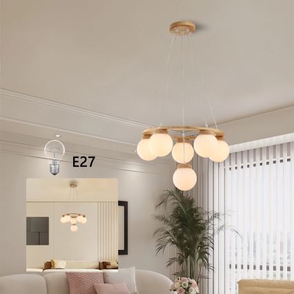 Brilagi - Lustră suspendată pe cablu VISBY WOOD, 6xE27/60W/230V, Ø 58 cm, din lemn