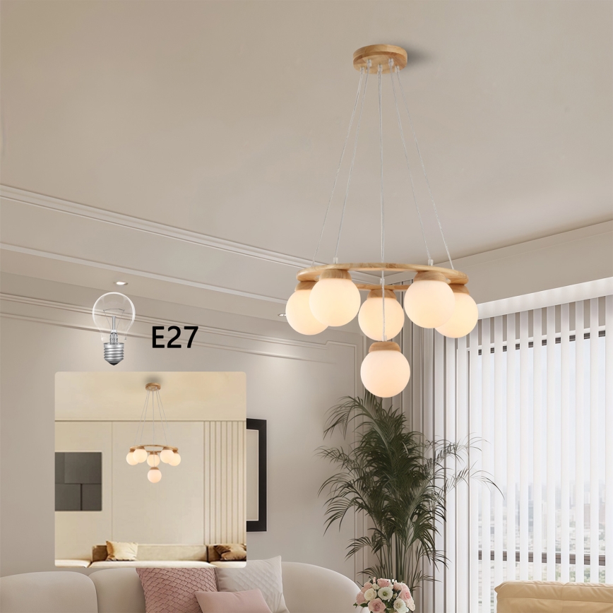 Brilagi - Lustră suspendată pe cablu VISBY WOOD, 6xE27/60W/230V, Ø 58 cm, din lemn