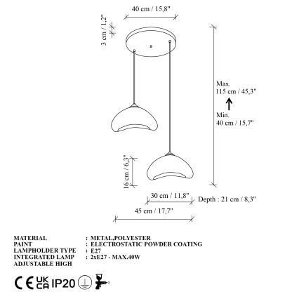 Brilagi - Lustră suspendată pe cablu WABI SABI, 2x E27/40W/230V, Ø 45 cm, albă