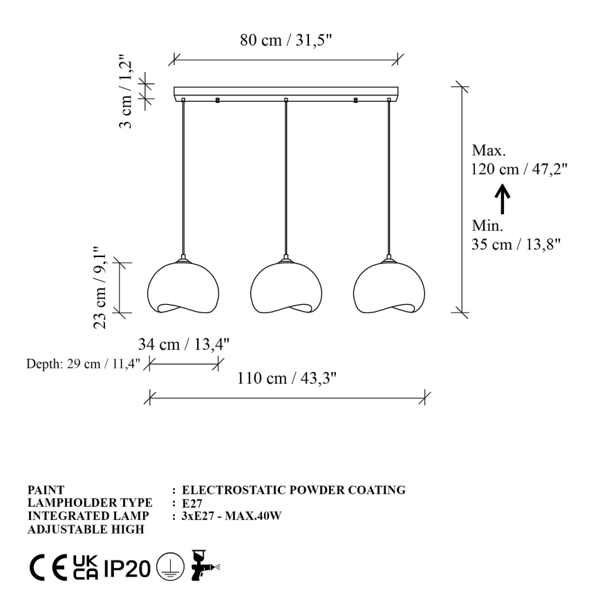 Brilagi - Lustră suspendată pe cablu WABI SABI 3xE27/40W/230V albă