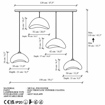 Brilagi - Lustră suspendată pe cablu WABI SABI 4xE27/40W/230V albă