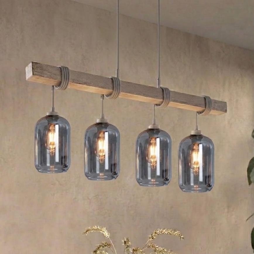BRILAGI - Lustră suspendată pe cablu WOOD GLASS 4xE27/60W/230V pin/gri/gri fumuriu