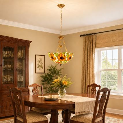 Brilagi - Lustră Tiffany din vitralii, suspendată pe lanț SUNFLOWER, 3xE27/60W/230V, Ø 50 cm
