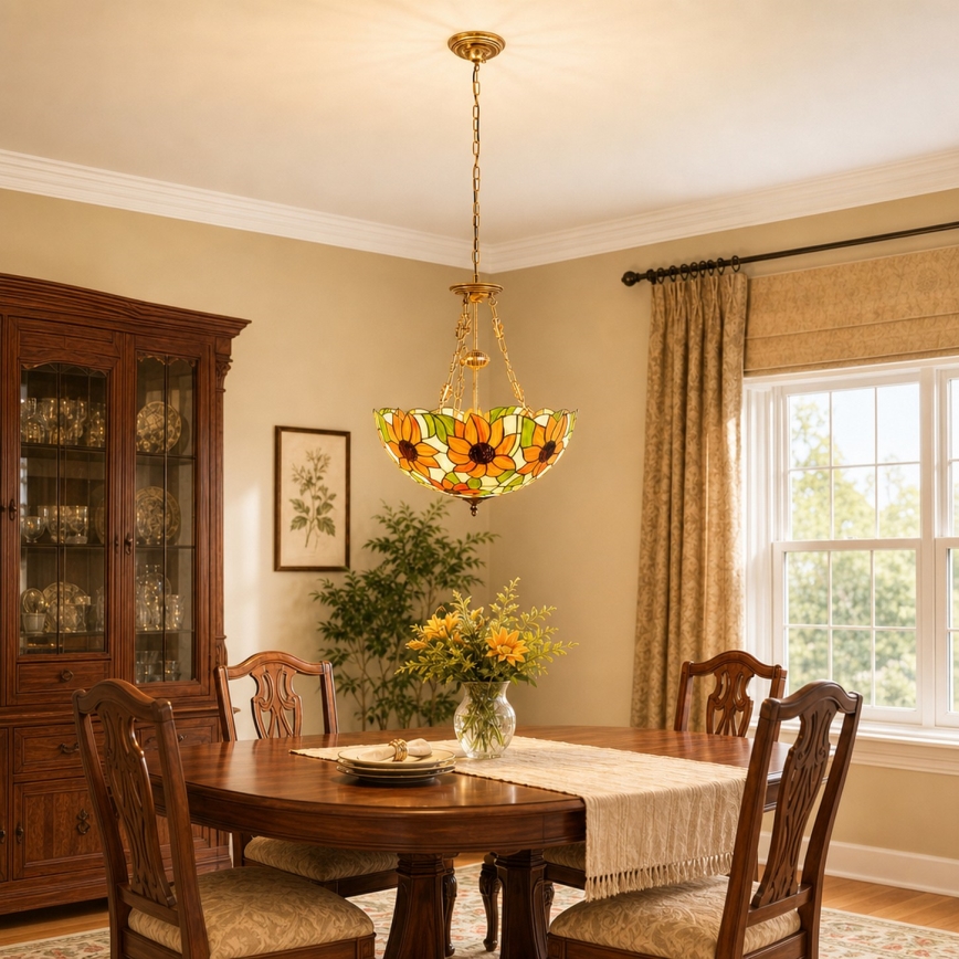 Brilagi - Lustră Tiffany din vitralii, suspendată pe lanț SUNFLOWER, 3xE27/60W/230V, Ø 50 cm