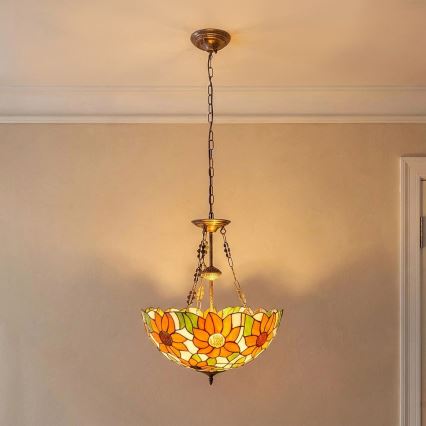 Brilagi - Lustră Tiffany din vitralii, suspendată pe lanț SUNFLOWER, 3xE27/60W/230V, Ø 50 cm