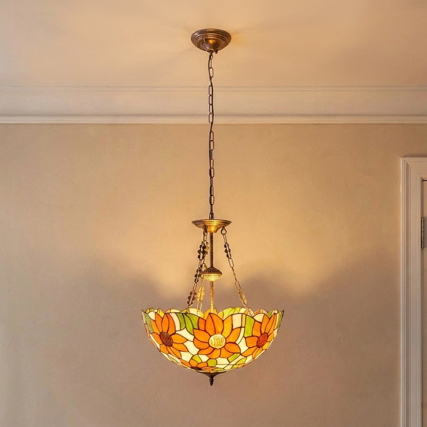Brilagi - Lustră Tiffany din vitralii, suspendată pe lanț SUNFLOWER, 3xE27/60W/230V, Ø 50 cm