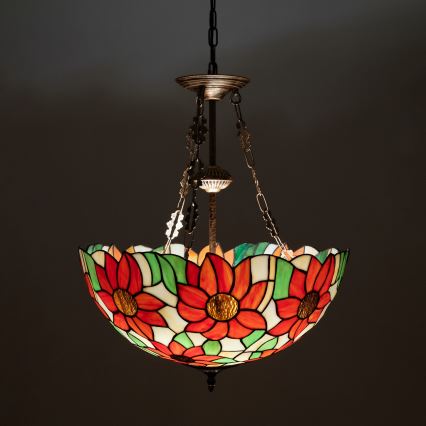 Brilagi - Lustră Tiffany din vitralii, suspendată pe lanț SUNFLOWER, 3xE27/60W/230V, Ø 50 cm