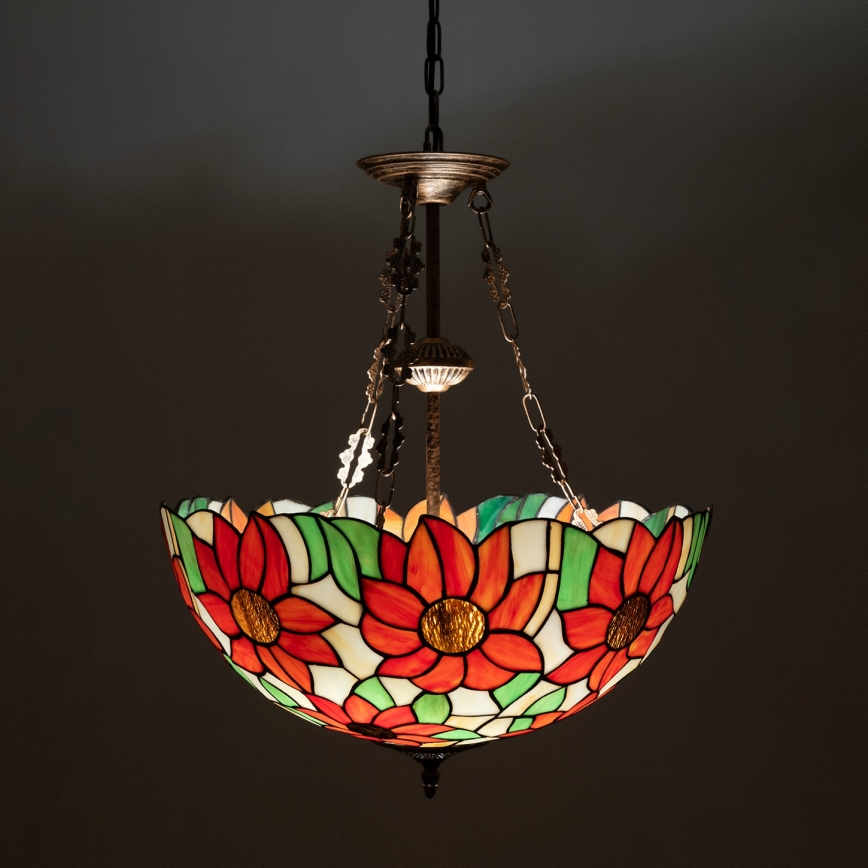Brilagi - Lustră Tiffany din vitralii, suspendată pe lanț SUNFLOWER, 3xE27/60W/230V, Ø 50 cm