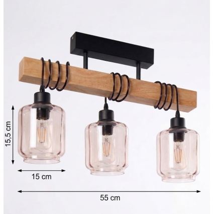 Brilagi - Lustru aplicat WOOD GLASS 3xE27/60W/230V pin/negru/bej fumuriu