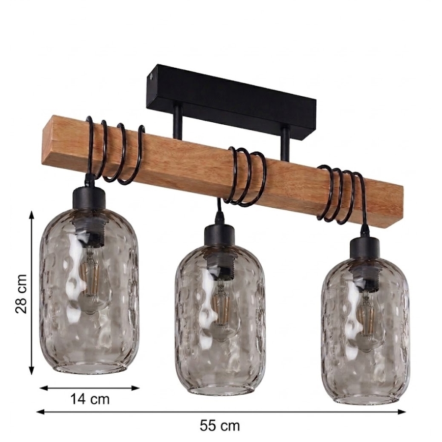 Brilagi - Lustră aplicată WOOD GLASS 3xE27/60W/230V pin/negru/gri fumuriu