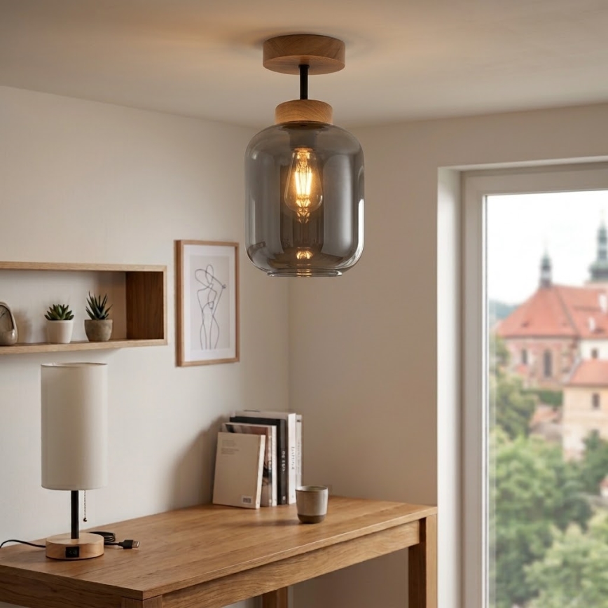 BRILAGI - Lustr LED aplicat RETRO GLASS 1xE27/60W/230V Ø 14 cm stejar/gri fumuriu