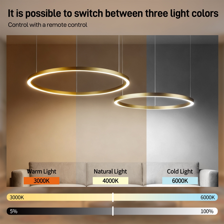 Brilagi - Lustru LED dimabil pe cablu PORTOFINO LED/98W/230V 3000-6000K auriu + telecomandă