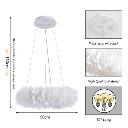 Brilagi - Lustru LED pe cablu FEATHER 3xE27/40W/230V + 3xLED/3W diam. 50 cm alb