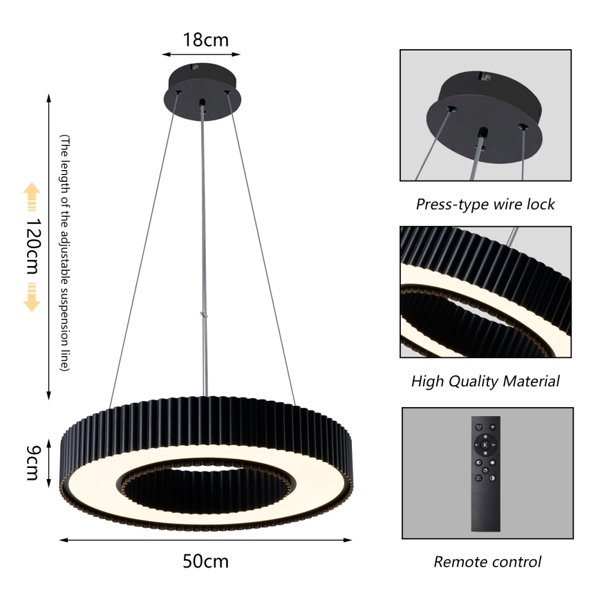 Brilagi - Lustră LED dimabilă pe cablu LUMIX LED/48W/230V 3000-6000K neagră Ø 50 cm + telecomandă