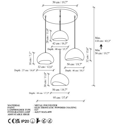 Brilagi - Lustru suspendat pe cablu LOVAL 4xE27/40W/230V Ø 95 cm alb