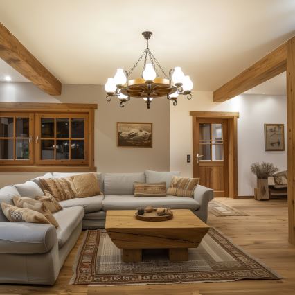 Brilagi - Lustru suspendat pe lanț ROATA, 8 x E14, 40 W, 230 V, diam. 70 cm, fag/nuc