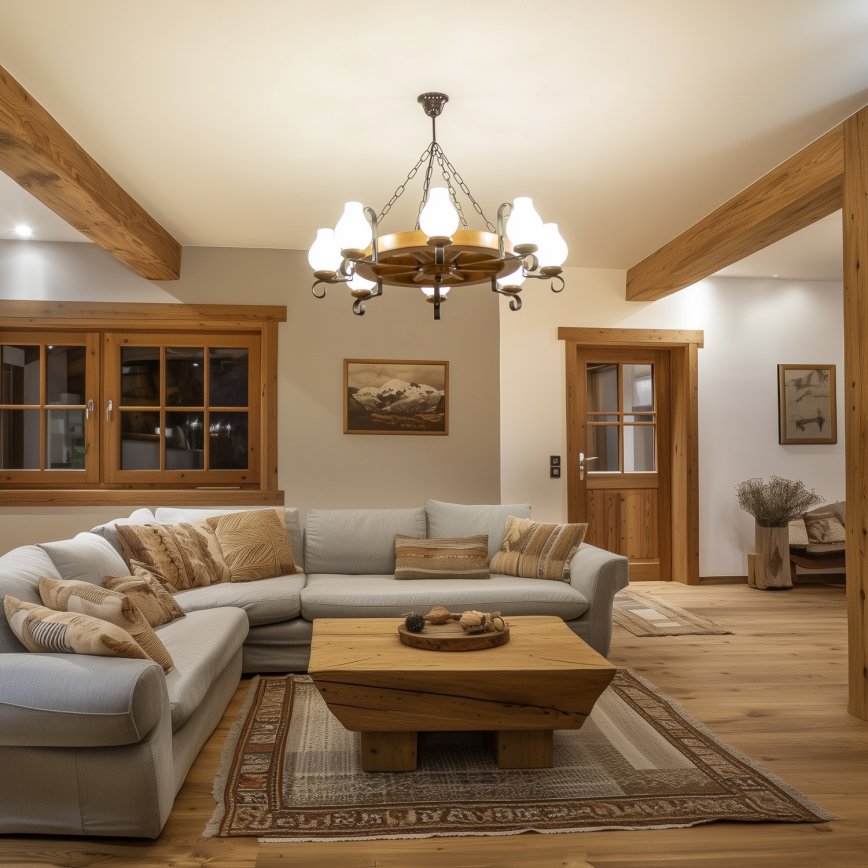 Brilagi - Lustru suspendat pe lanț ROATA, 8 x E14, 40 W, 230 V, diam. 70 cm, fag/nuc