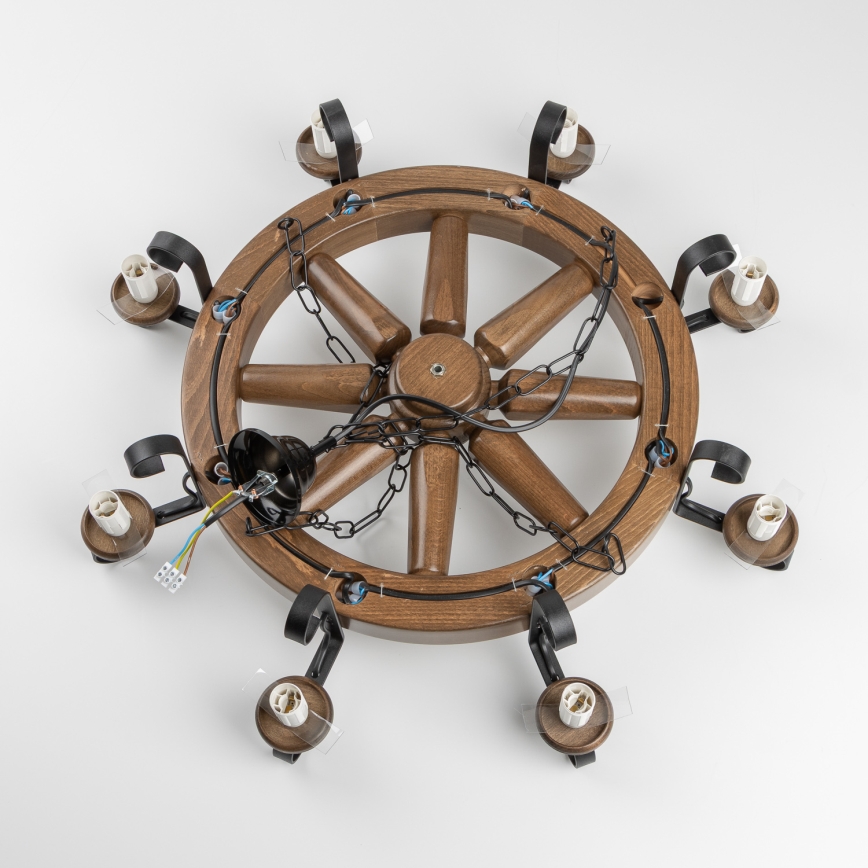 Brilagi - Lustru suspendat pe lanț ROATA, 8 x E14, 40 W, 230 V, diam. 70 cm, fag/nuc